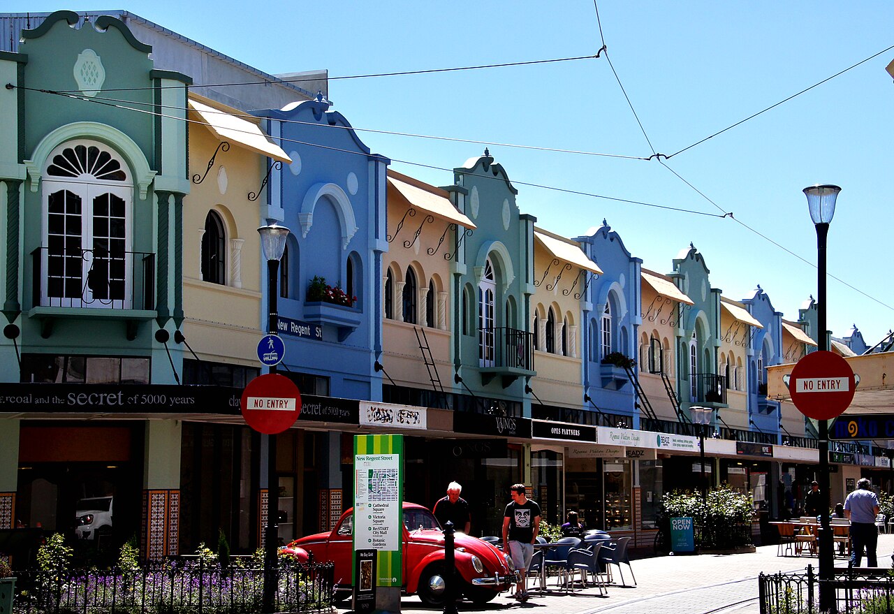 Bunte Häuser der New Regent Street in Christchurch, Südinsel Neuseeland